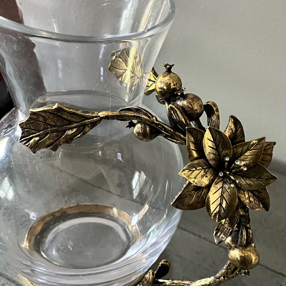 Glass Pitcher with Brass Floral Handle - Picture 2 of 5